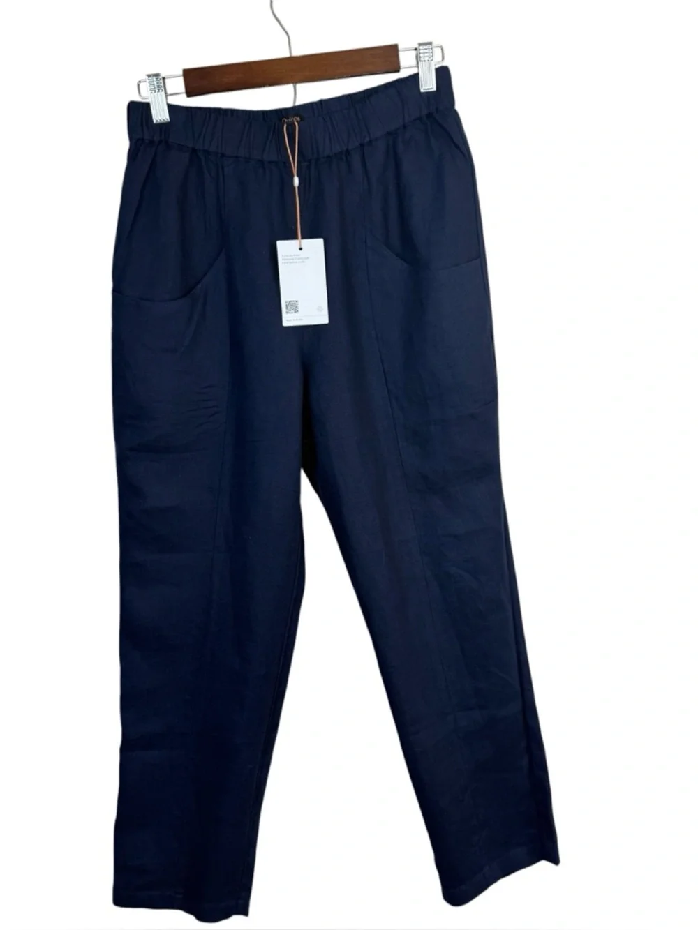 NWT QUINCE 100% European Linen Tapered Ankle Pants Elastic-Waist Deep Navy Sz S